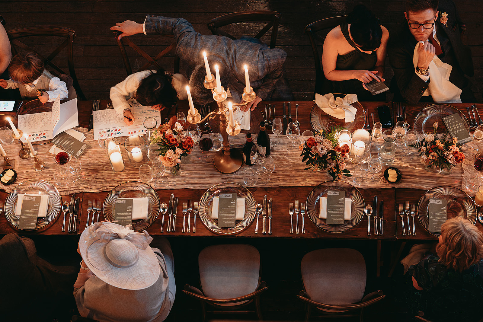 Overhead view of guests dining at the wedding breakfast