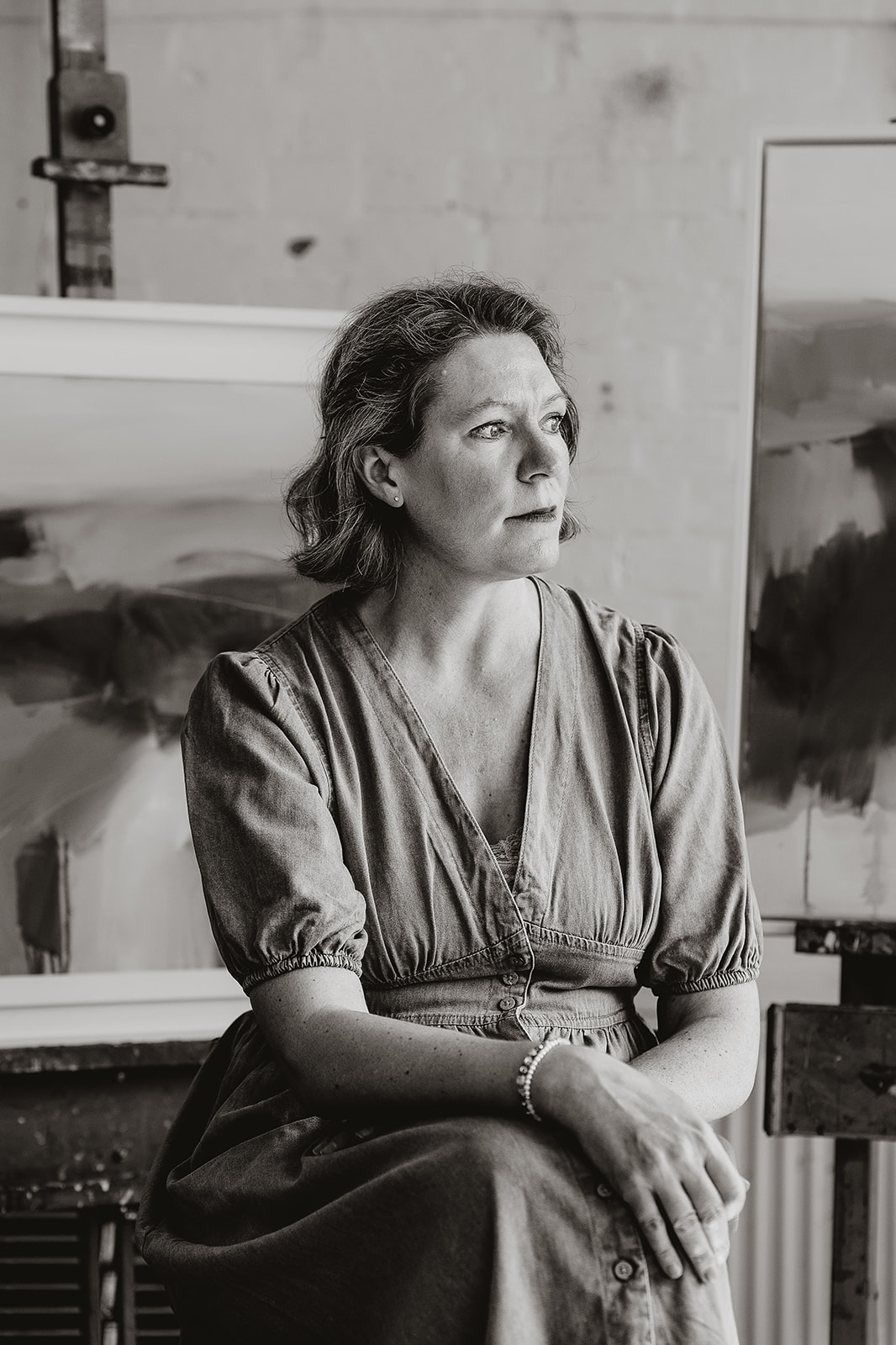 Black and white personal branding portrait of artist Lucy Beale